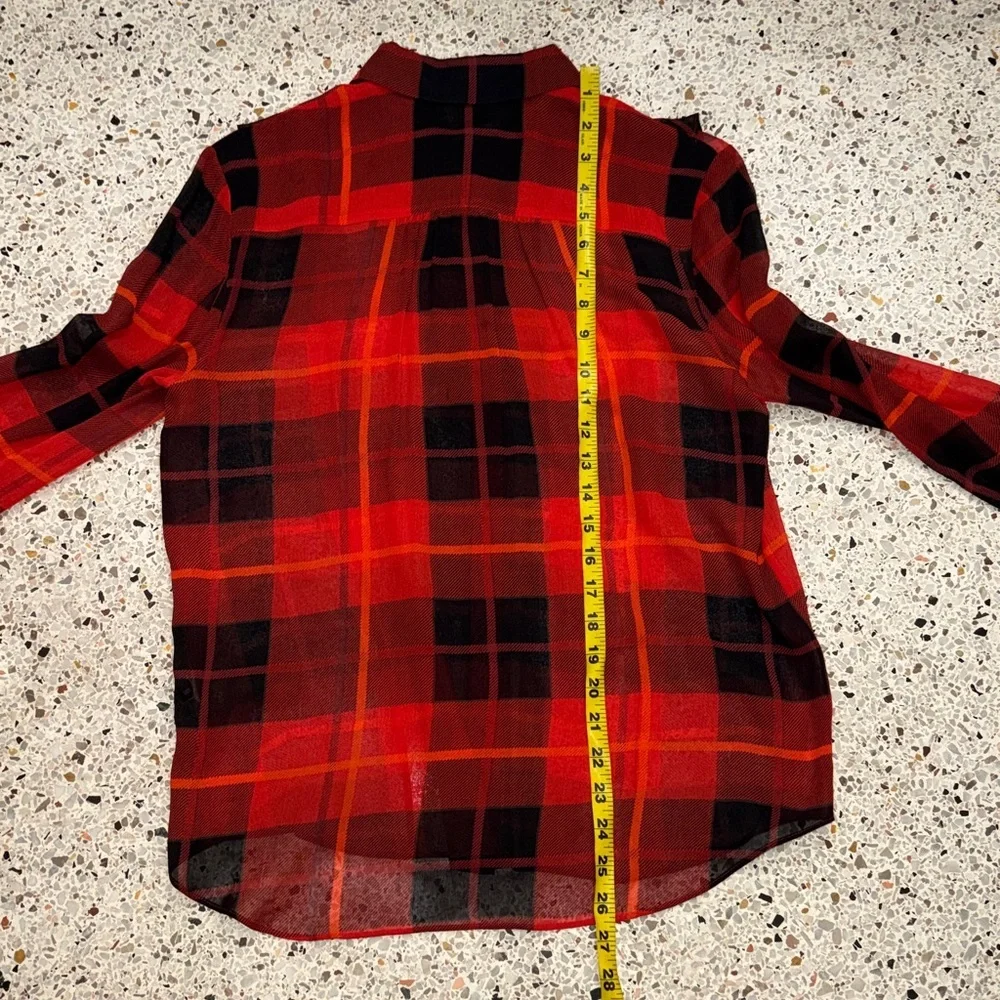 Kate Spade red black woodland plaid chiffon button up down blouse 6